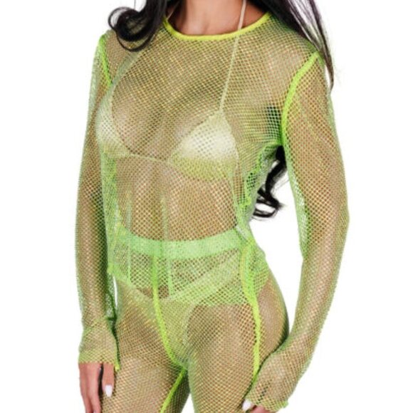 Neon Green Sheer Mesh Long Sleeve Rave Outfit Top With Rhinestone Crystals NWT - Picture 1 of 6